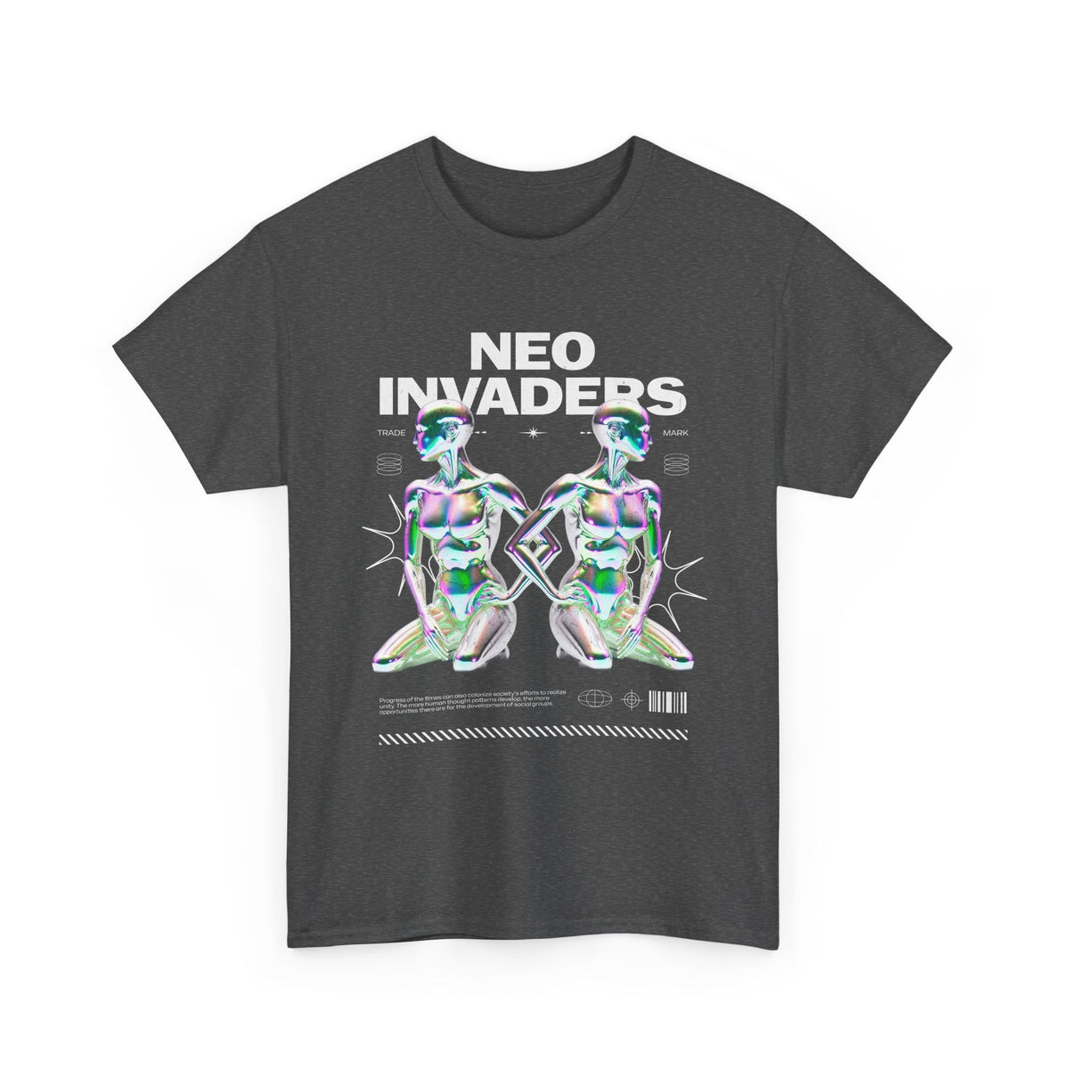 Neo Invaders Futuristic Holographic Graphic Unisex Heavy Cotton Tee Bold Sci Fi Cyberpunk Streetwear Statement T Shirt