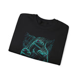 Prehistoric Thunder Unisex Crewneck Sweatshirt Electric Blue Neon Raptor Storm Design Bold Streetwear for Dino Lovers Artists and Urban Dreamers