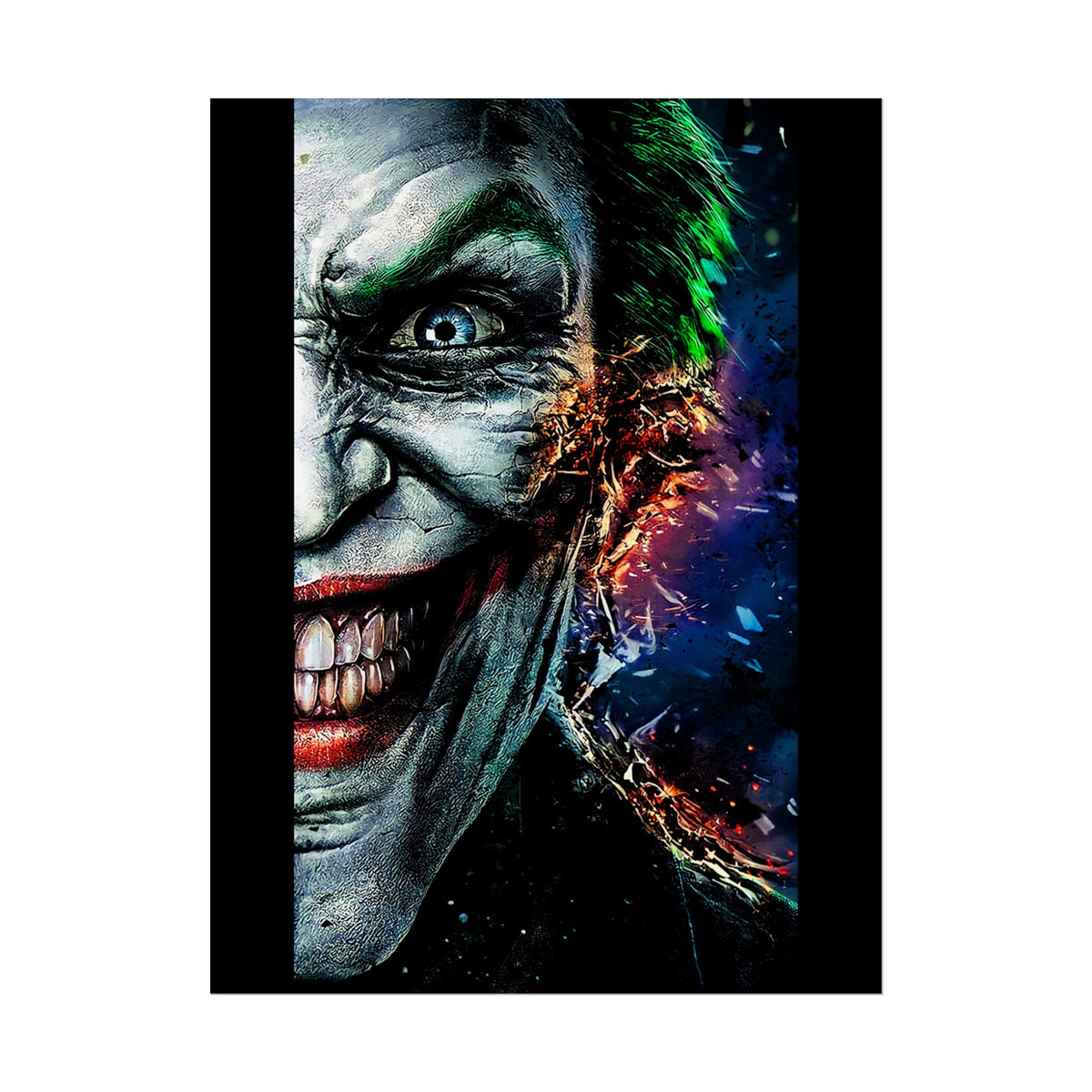 Joker Split Insanity Glossy Poster Bold Gothic Wall Art Dark Psychological Design Fiery Abstract Expression Print for Collectors, Creators, and Visionary Spaces