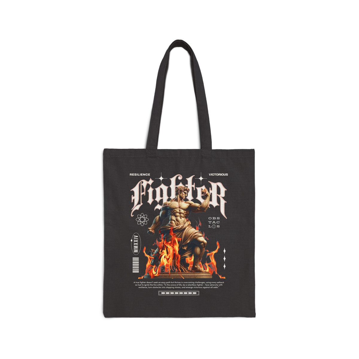 Fighter Resilience Victorious Flame Statue Graphic Cotton Canvas Tote Bag Unisex Motivational Durable Reusable Streetwear