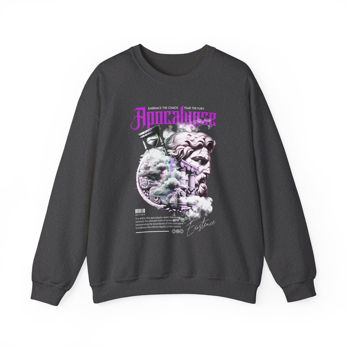 Unisex Heavy Blend Crewneck Sweatshirt Apocalypse Chaos Graphic Pullover Black Greek Statue Vaporwave Streetwear Bold Futuristic Artistic Fashion Outfit