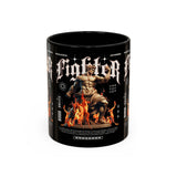 Fighter Accent Coffee Mug 11oz 15oz Black Ceramic Cup with Greek Warrior Statue and Flames Design for Hustlers and Motivated Minds