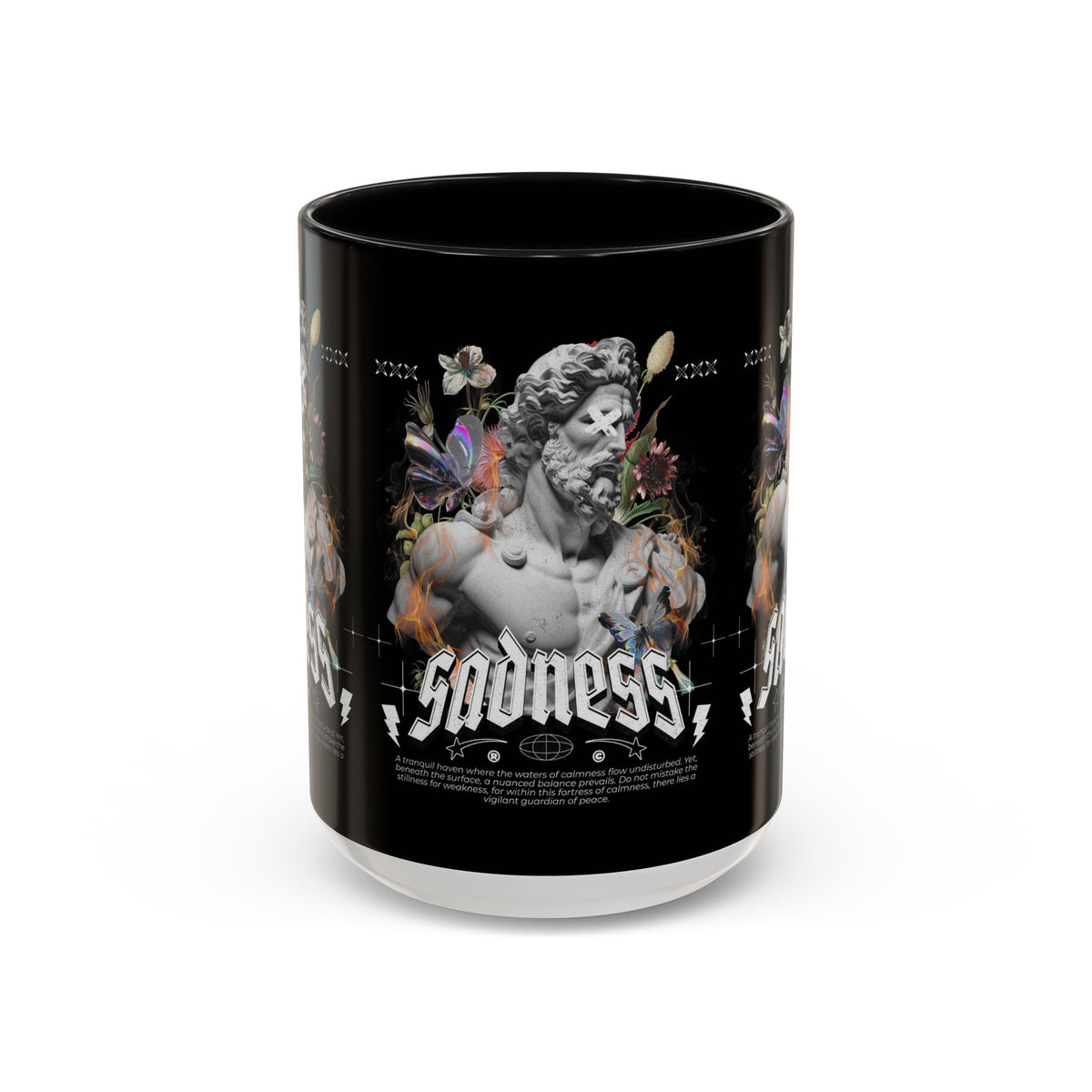 Sadness Statue Accent Coffee Mug 11oz 15oz Two Tone Ceramic Gothic Art Cup with Butterfly and Flame Design