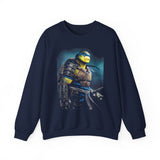Urban Warrior Samurai Heavy Fleece Crewneck Sweatshirt Blue Energy Armor Design Bold Fighter Strength Streetwear for Fearless Achievers and Mindset Champions