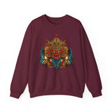 Mythical Tribal Mask Unisex Crewneck Sweatshirt Heavy Blend Pullover Cultural Warrior Spirit Inspired Festival Graphic Art Streetwear Top