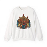 Unisex Mythical Tribal Mask Crewneck Sweatshirt Heavy Blend Pullover Cultural Warrior Spirit Inspired Festival Graphic Art Streetwear Top