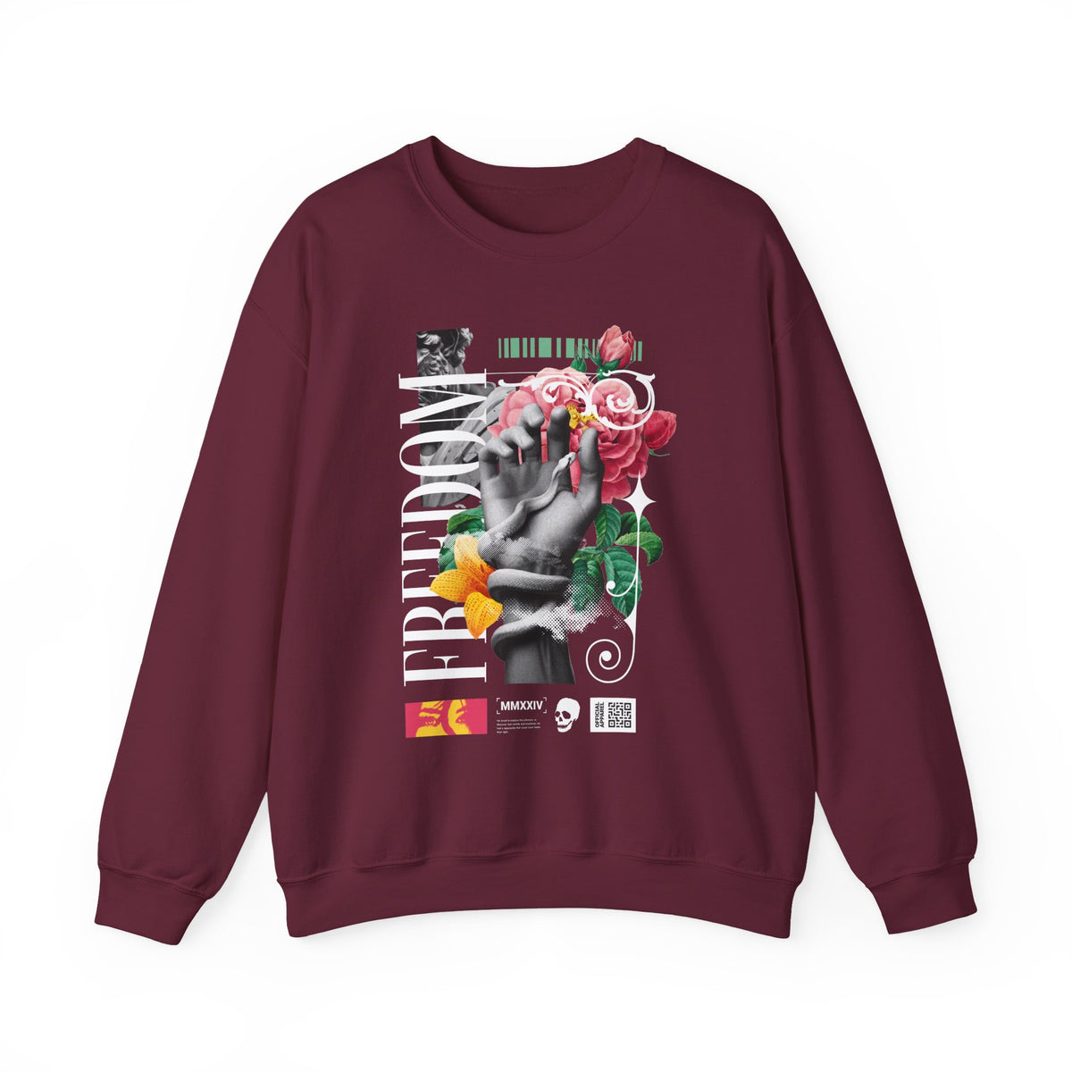 Freedom Snake And Rose Crewneck Comfortable Unisex Sweatshirt Motivational Streetwear Bold Floral Empowerment Design For Resilience And Strength Perfect Gift For Friends Birthdays Cozy Days Casual...