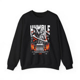 Unisex Heavy Blend Crewneck Sweatshirt Humble Angel Statue Graphic Pullover Streetwear Fire Print Bold Motivational Urban Fashion Outfit