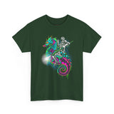Seahorse Knight Neon Warrior Unisex Heavy Cotton Tee Futuristic Cyberpunk Fantasy Streetwear T Shirt Vibrant Medieval Armor Design Perfect For Gamers Dreamers And Art Lovers