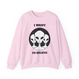 I Want To Believe Alien Unisex Crewneck Sweatshirt UFO Graphic Pullover Extraterrestrial Space Themed Sci Fi Conspiracy Inspired Paranormal Streetwear