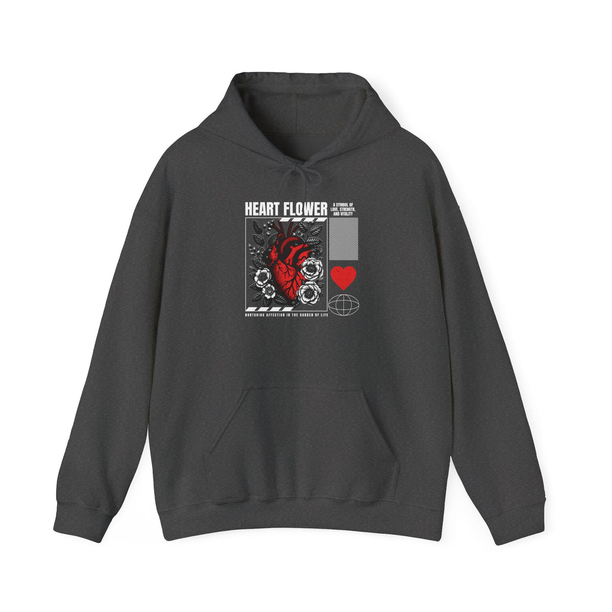 Heart Flower Graphic Hoodie Comfortable Unisex Heavy Blend Sweatshirt Bold Red and Black Floral Heart Design Streetwear Symbol of Love Strength and Vitality Perfect Gift for Friends Birthdays Cozy Days and Casual Wear
