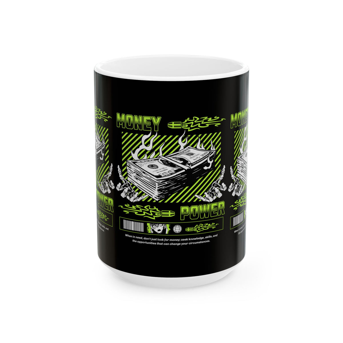 Money Power Ceramic Mug Dollar Stack Neon Green Graphic Hustle Mindset Streetwear Motivational Coffee Tea Cup