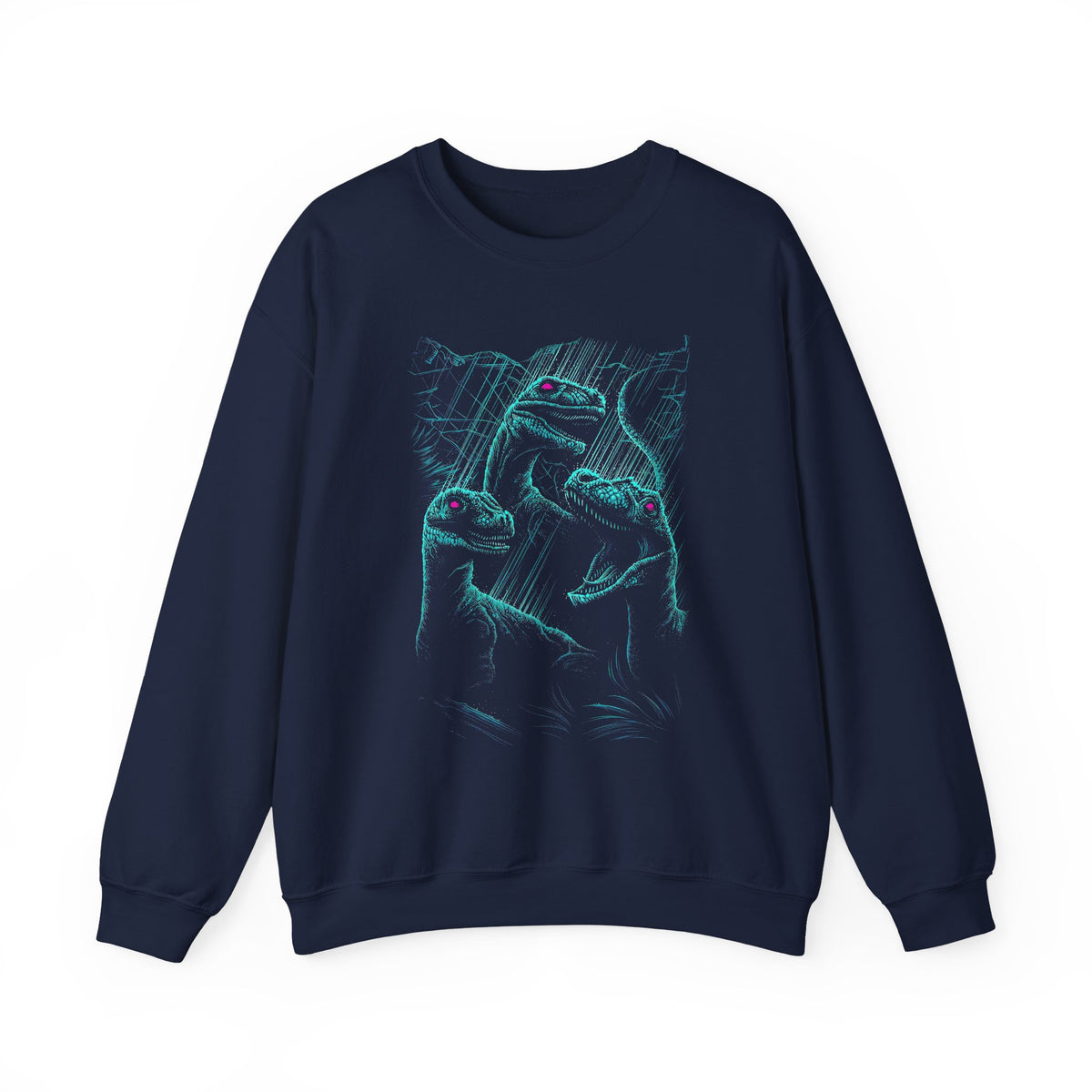 Prehistoric Thunder Unisex Crewneck Sweatshirt Electric Blue Neon Raptor Storm Design Bold Streetwear for Dino Lovers Artists and Urban Dreamers