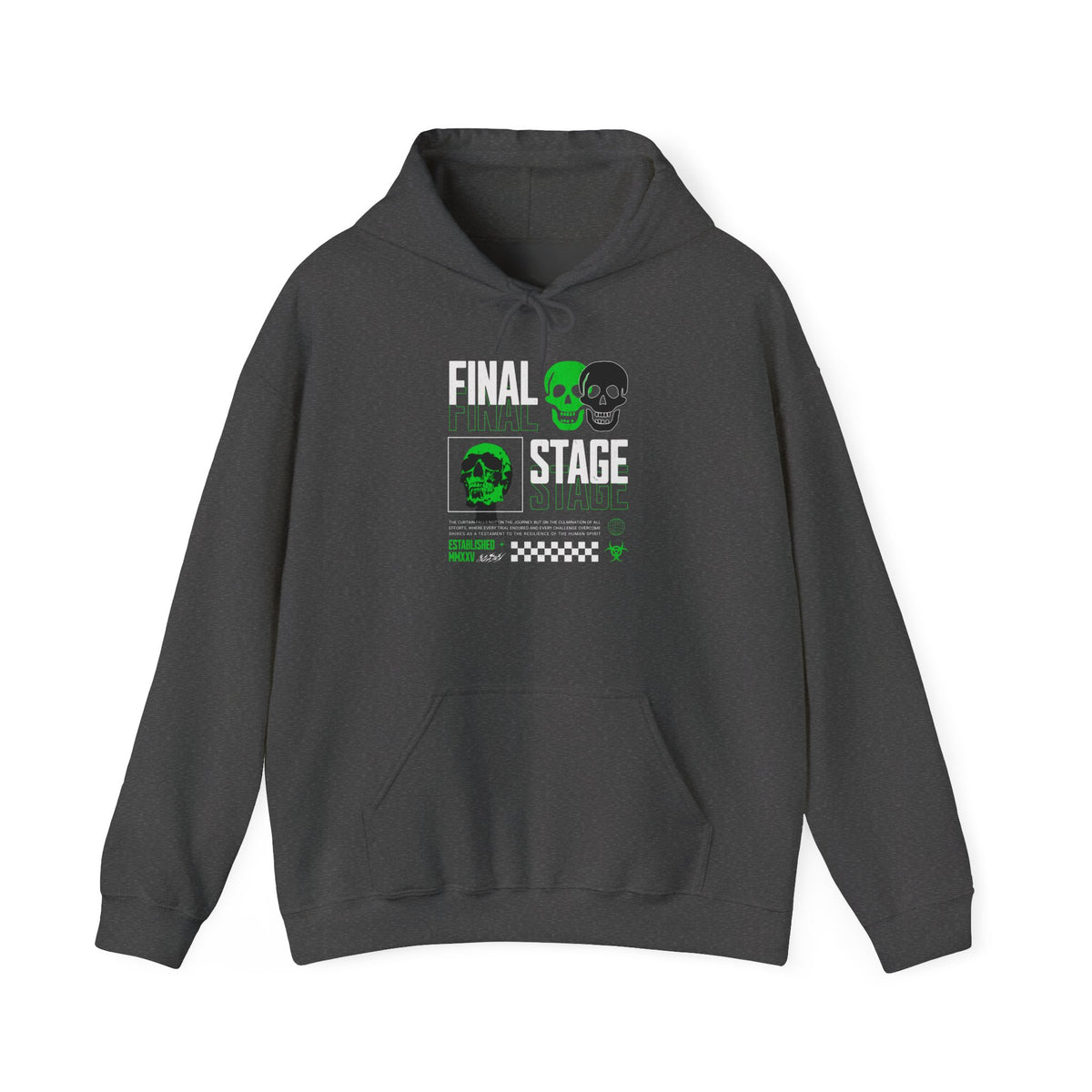 Final Stage Unisex Heavy Blend Hooded Sweatshirt Graphic Hoodie Black Skull Neon Green Streetwear Futuristic Cyberpunk Bold Artistic Fashion Outfit