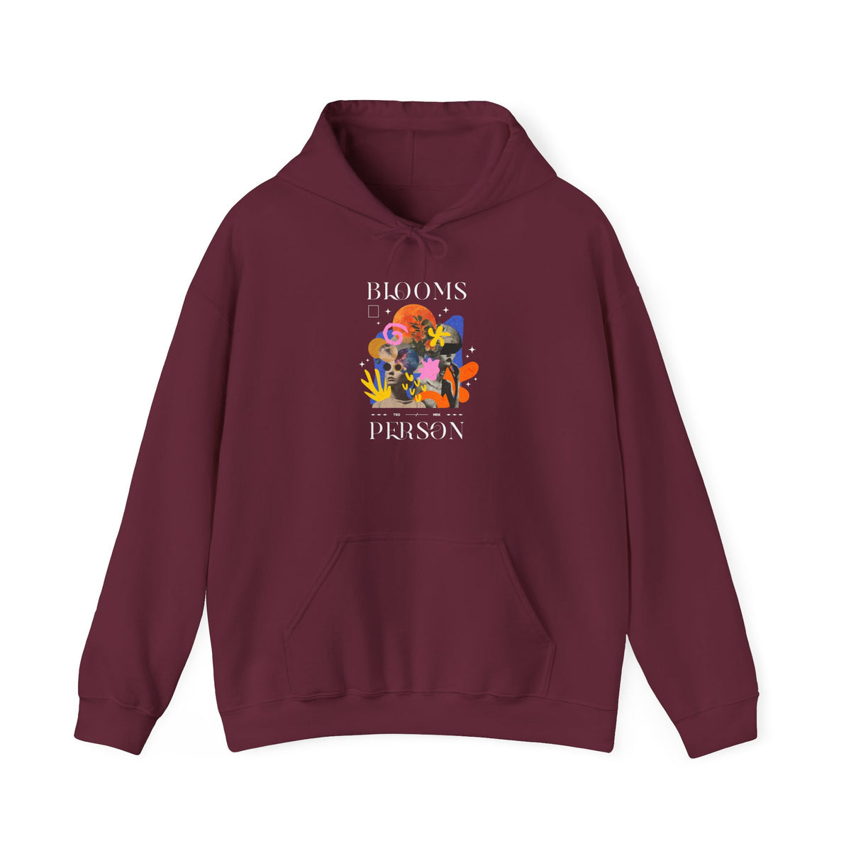 Blooms Person Unisex Heavy Blend Hooded Sweatshirt Graphic Hoodie Black Abstract Colorful Floral Head Artistic Streetwear Modern Creative Futuristic Fashion Outfit