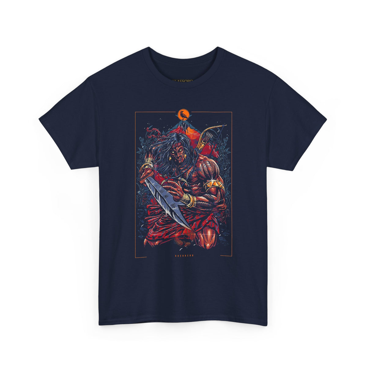 Guerrero Warrior Unisex Heavy Cotton Tee Tribal Strength Mythical Art Design Bold Red Battle Graphic Streetwear for Fighters, Heroes, and Cultural Legends