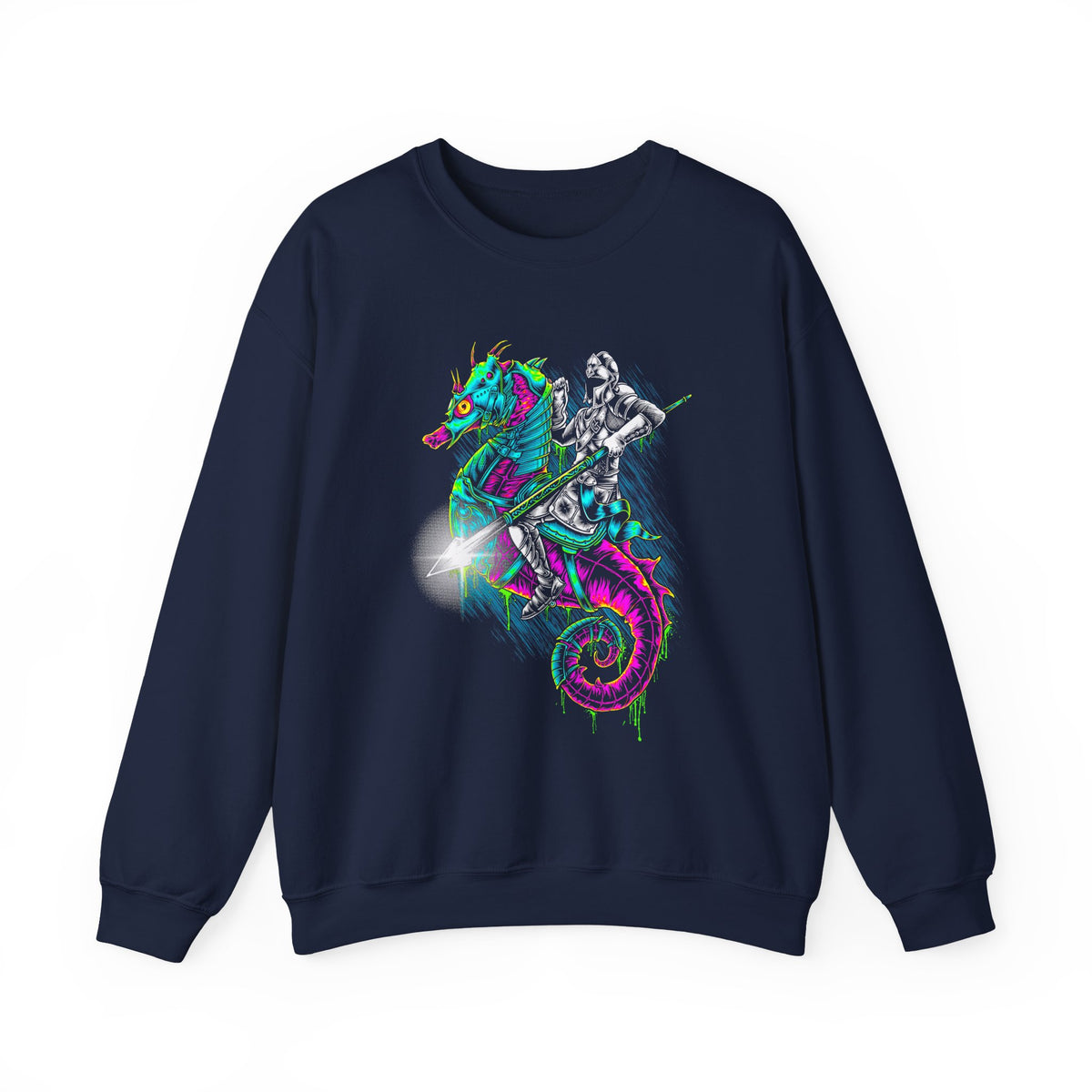 Seahorse Knight Neon Warrior Unisex Heavy Blend Crewneck Sweatshirt Vibrant Cyberpunk Fantasy Streetwear Pullover Futuristic Oceanic Armor Design For Gamers Creators Dreamers And Art Lovers