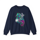 Seahorse Knight Neon Warrior Unisex Heavy Blend Crewneck Sweatshirt Vibrant Cyberpunk Fantasy Streetwear Pullover Futuristic Oceanic Armor Design For Gamers Creators Dreamers And Art Lovers
