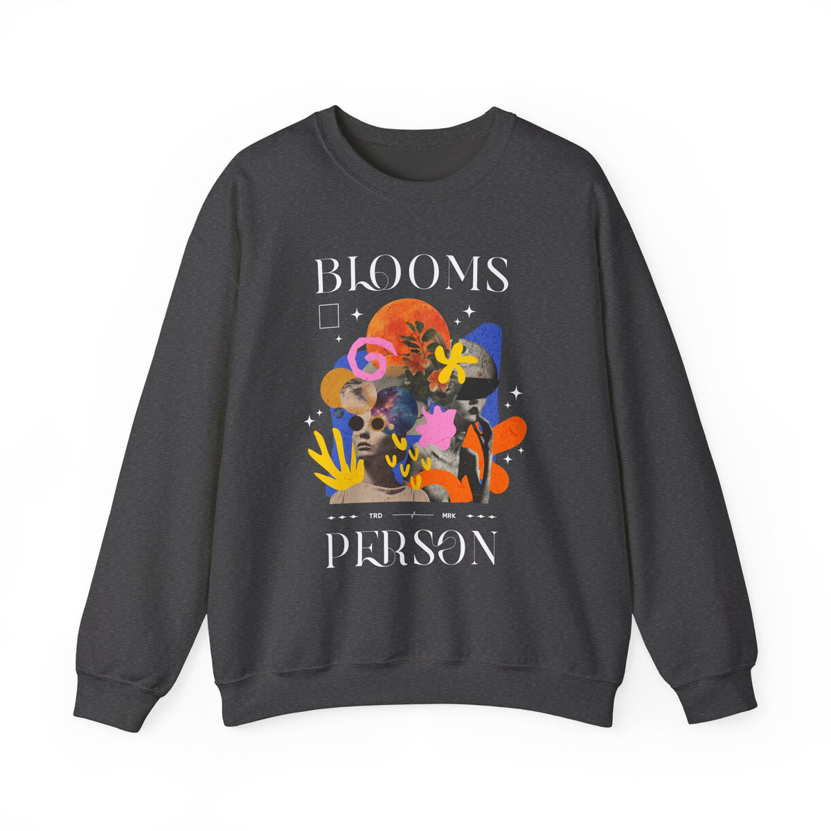 Blooms Person Unisex Heavy Blend Crewneck Sweatshirt Graphic Pullover Black Abstract Colorful Floral Head Artistic Modern Streetwear Creative Futuristic Fashion Outfit