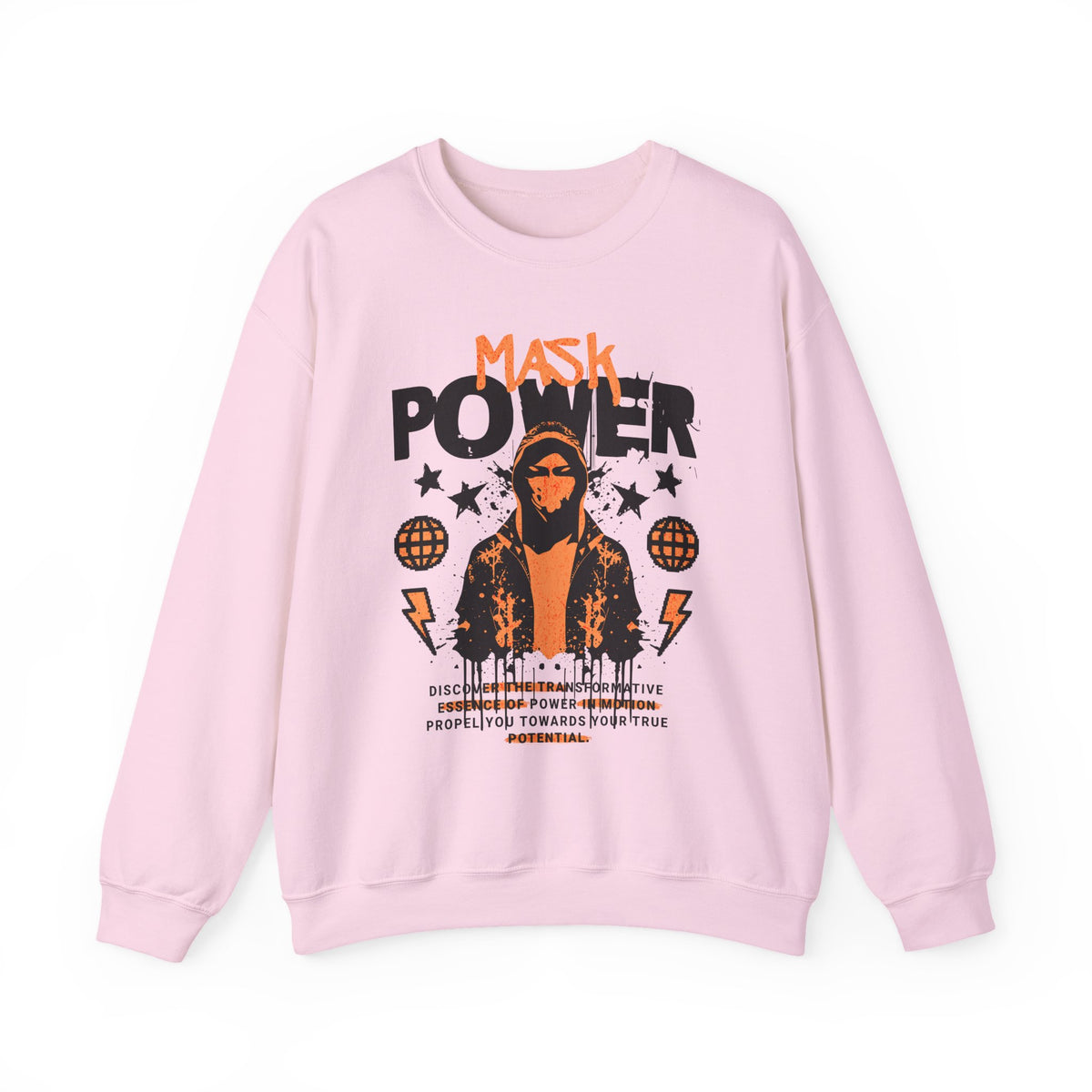 Mask Power Anonymous Strength Graphic Unisex Heavy Blend Crewneck Sweatshirt Bold Urban Hacker Inspired Streetwear Empowerment Pullover