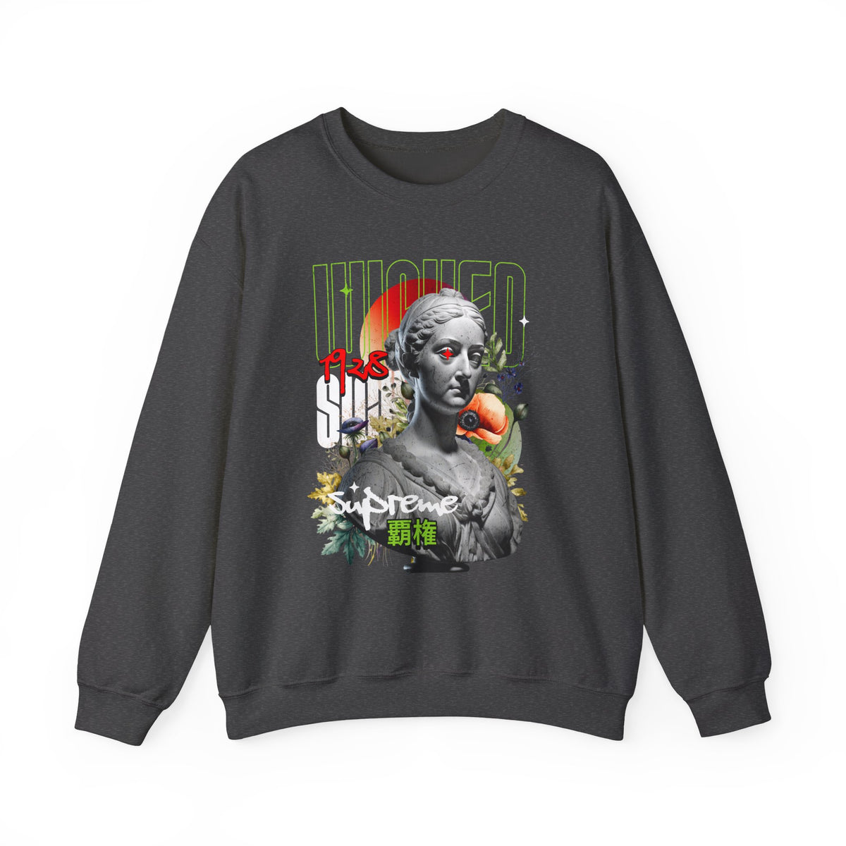 Wicked Supreme Unisex Heavy Blend Crewneck Sweatshirt Statue Art Graphic Pullover Bold Supreme Inspired Streetwear Vintage Aesthetic Fashion