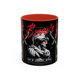 Brave Soul Warrior Accent Coffee Mug 11oz 15oz Black Ceramic Two Tone Cup Bold Statue Design with Red Script Gift for Coffee Lovers