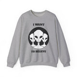 I Want To Believe Alien Unisex Crewneck Sweatshirt UFO Graphic Pullover Extraterrestrial Space Themed Sci Fi Conspiracy Inspired Paranormal Streetwear