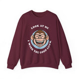 Smiling Monkey Cartoon Good Luck Unisex Sweatshirt Funny Cute Graphic Pullover Positive Vibes Humor Design Cozy Warm Casual Wear Gift For Friends Family