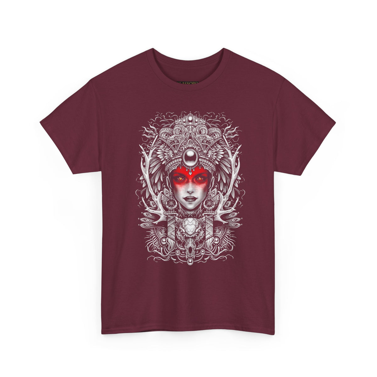 Mystic Warrior Goddess Unisex Heavy Cotton Tee Bold Monochrome Tribal Design Powerful Feminine Energy Streetwear Graphic T-Shirt for Art Lovers Festivals and Everyday Wear