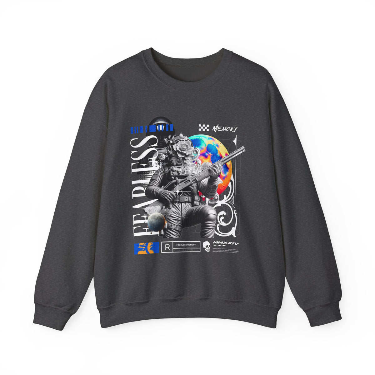Fearless Memory Unisex Heavy Blend Crewneck Sweatshirt Graphic Pullover Black Astronaut Space Warrior Futuristic Sci Fi Bold Streetwear Artistic Fashion Outfit