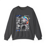 Fearless Memory Unisex Heavy Blend Crewneck Sweatshirt Graphic Pullover Black Astronaut Space Warrior Futuristic Sci Fi Bold Streetwear Artistic Fashion Outfit