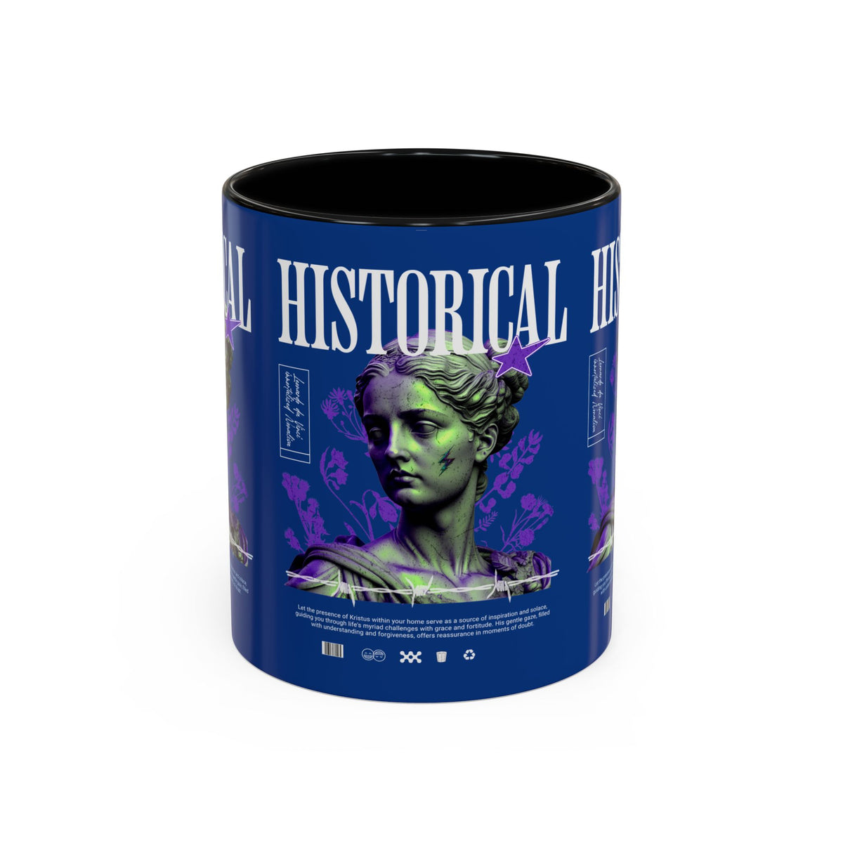 Historical Accent Coffee Mug 11oz 15oz Black Ceramic Cup with Greek Goddess Statue and Purple Floral Design for Art and History Lovers