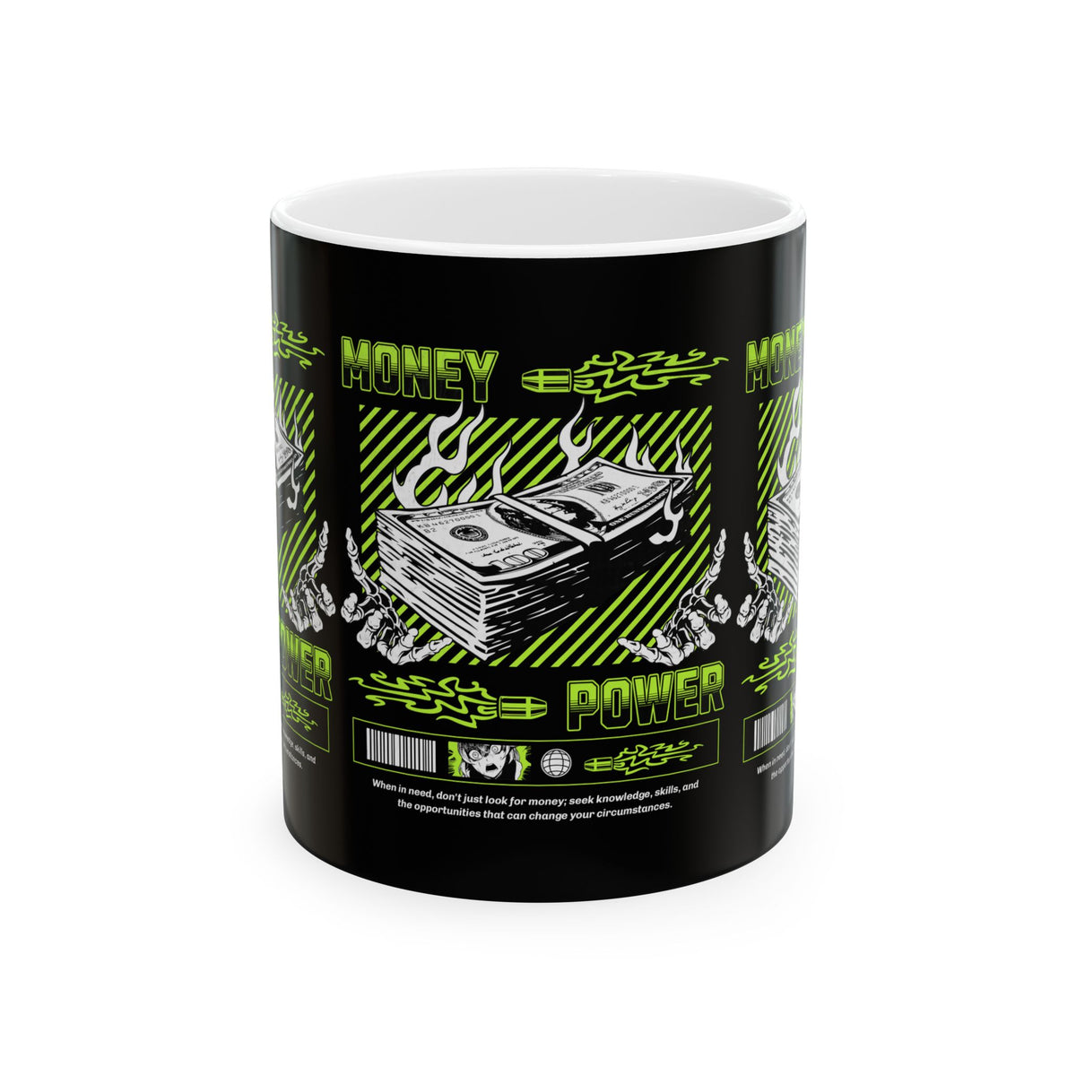 Money Power Ceramic Mug Dollar Stack Neon Green Graphic Hustle Mindset Streetwear Motivational Coffee Tea Cup