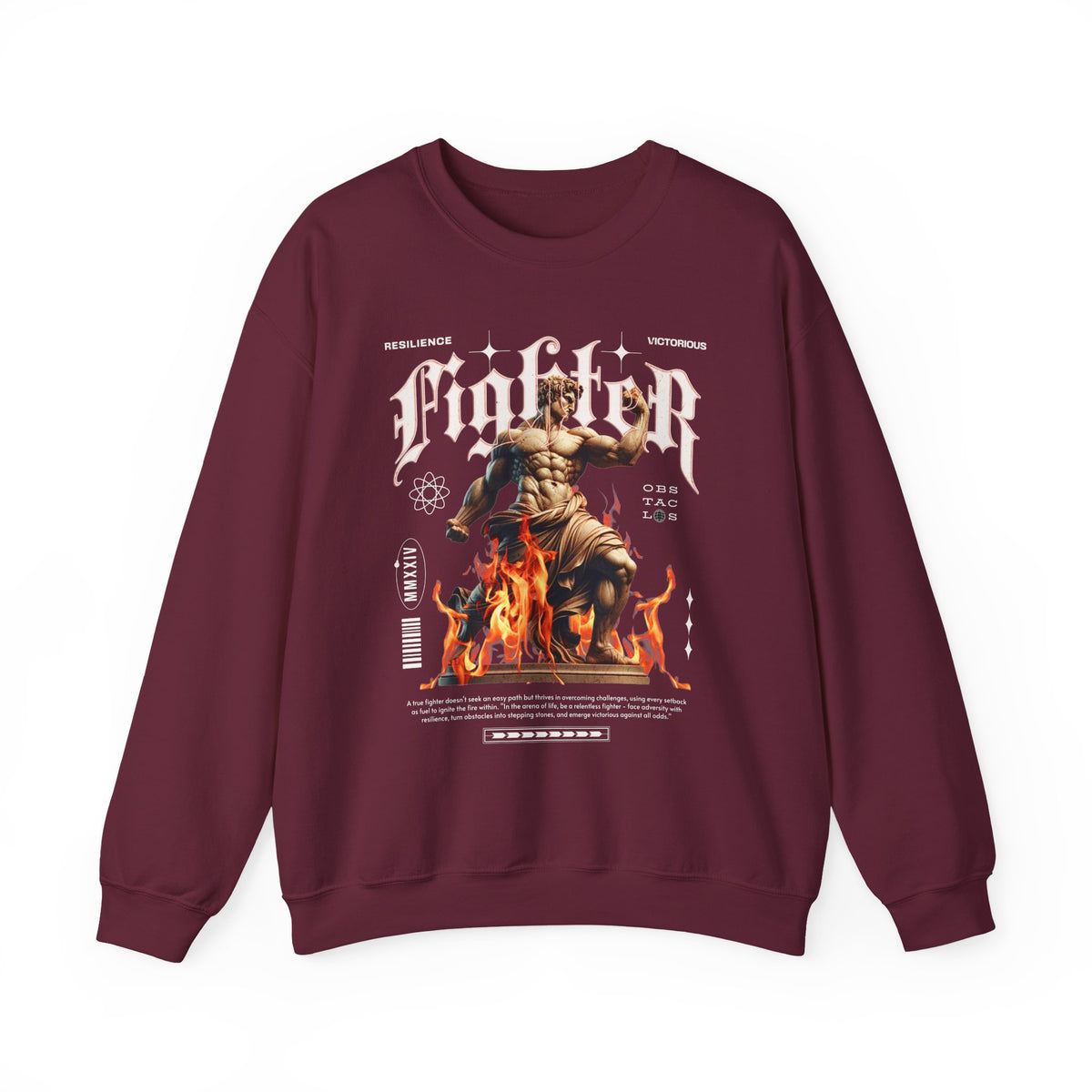 Fighter Resilience Victorious Flame Statue Graphic Unisex Heavy Blend Crewneck Sweatshirt Motivation Streetwear Pullover