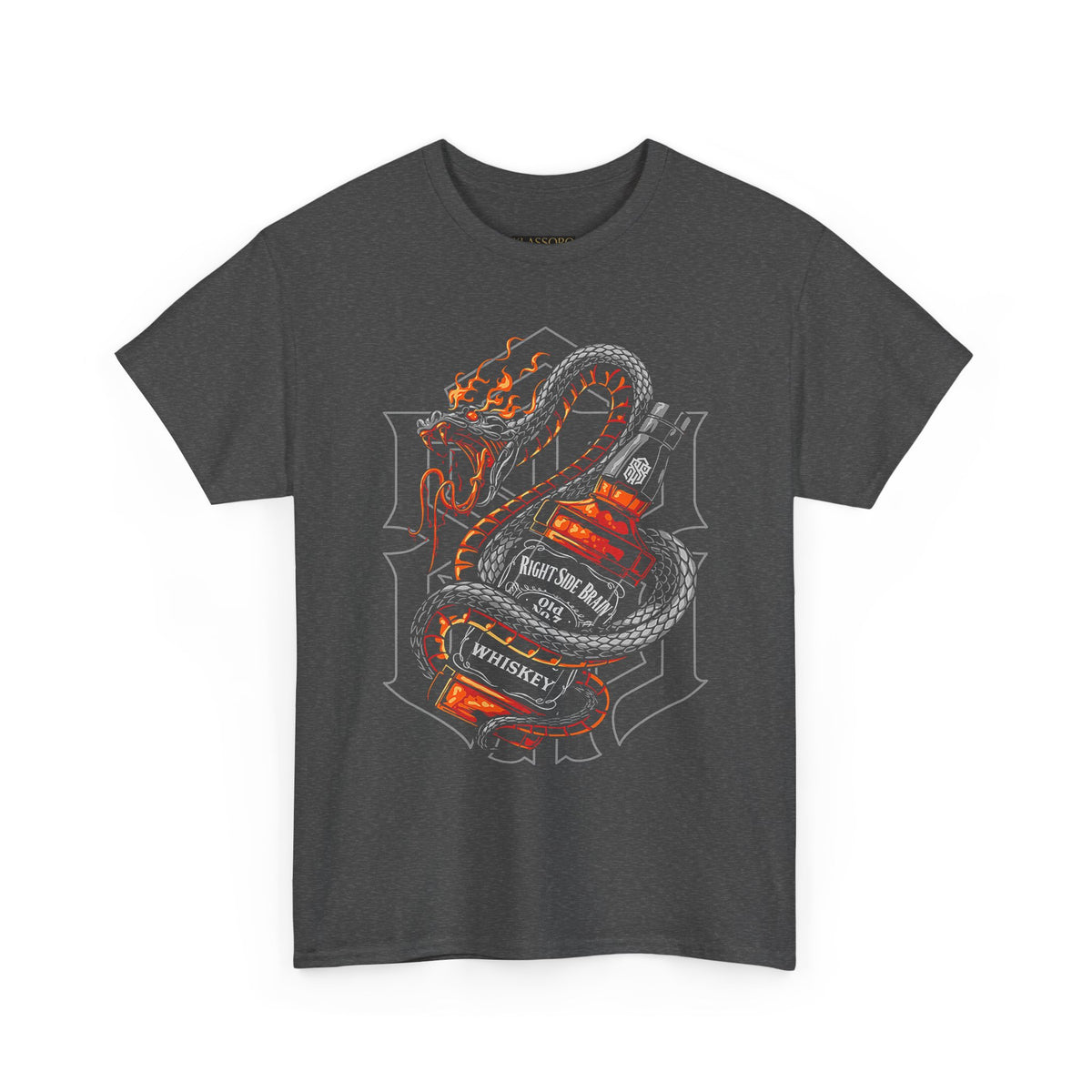 Inferno Spirit Fiery Dragon Whiskey Bottle Unisex Heavy Cotton Tee Bold Biker Streetwear Artistic Snake Flame Design Symbol of Power Energy and Rebellion Graphic Shirt