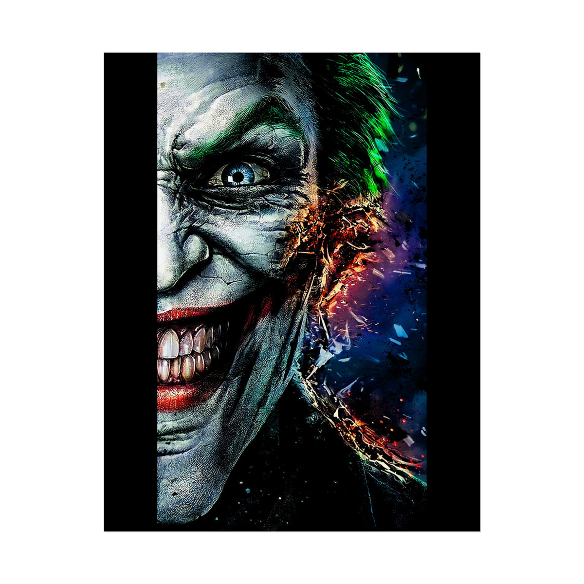 Joker Split Insanity Glossy Poster Bold Gothic Wall Art Dark Psychological Design Fiery Abstract Expression Print for Collectors, Creators, and Visionary Spaces
