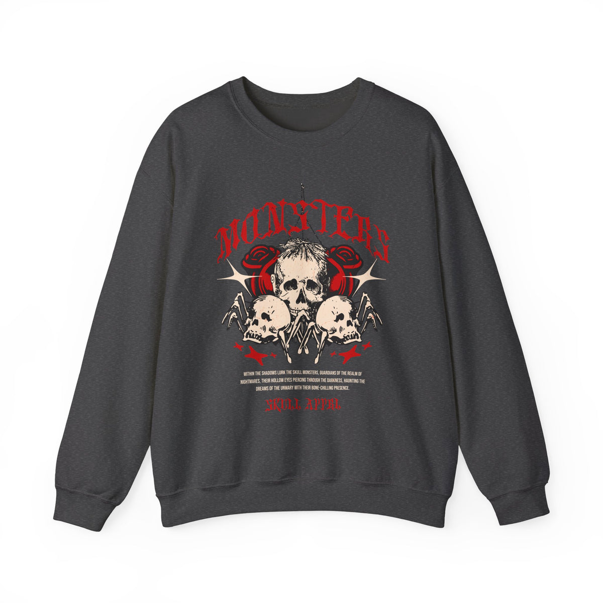 Monsters Skull Guardians Gothic Horror Unisex Heavy Blend Crewneck Sweatshirt Dark Graphic Halloween Streetwear Bold Vintage Skull Pullover