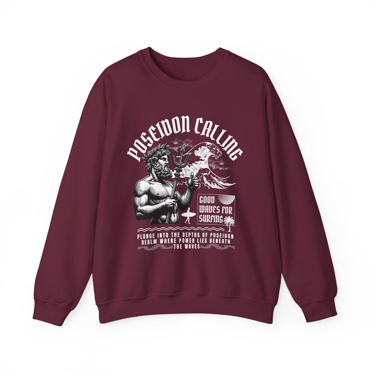 Poseidon Calling Greek God Ocean Waves Graphic Unisex Heavy Blend Crewneck Sweatshirt Surf Streetwear Coastal Vibes