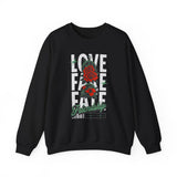Love Fake Friendship Rose Crewneck Comfortable Unisex Sweatshirt Bold Graphic Streetwear Pullover Empowering Artistic Floral Design For Self Expression Perfect Gift For Friends Birthdays Cozy Days Casual Wear