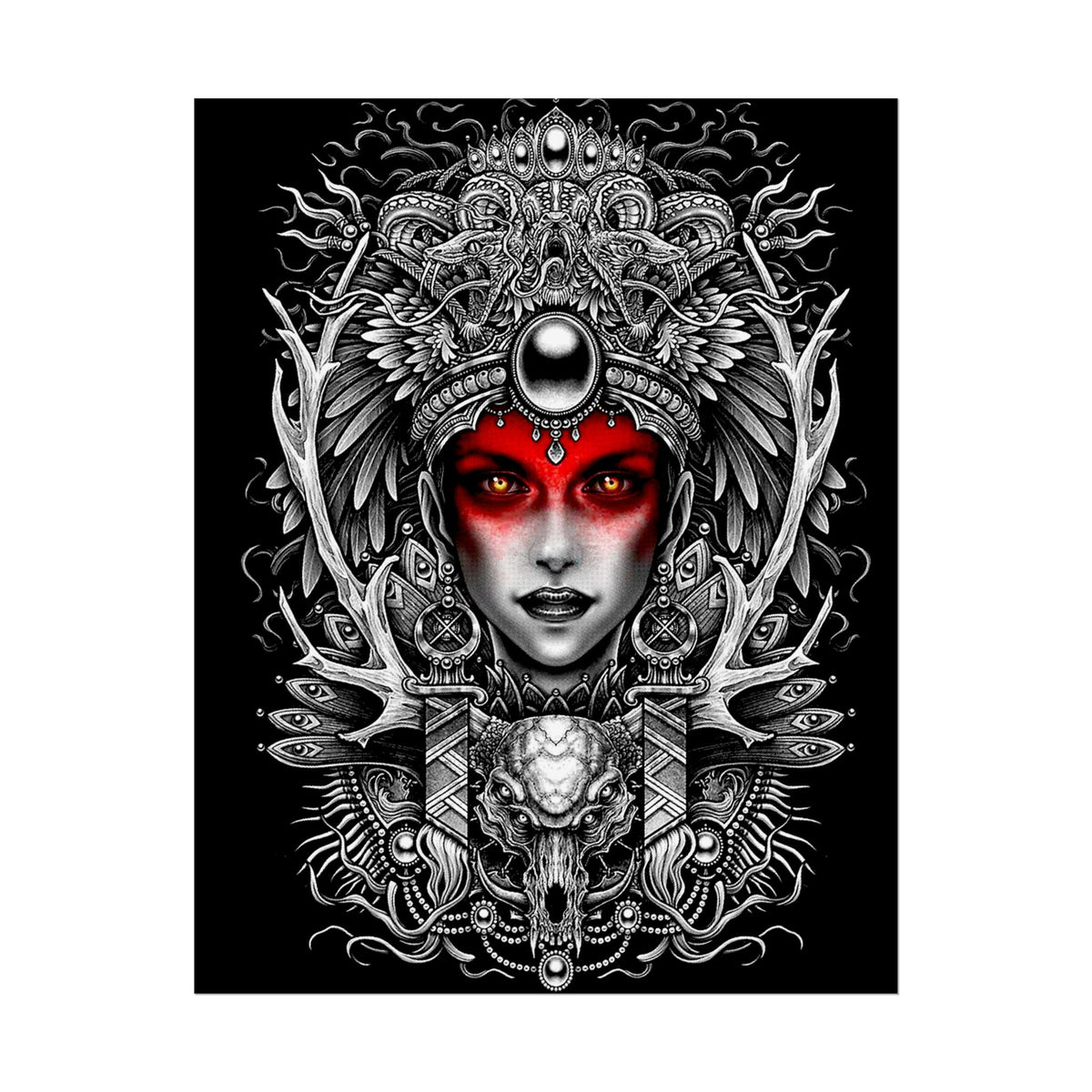 Mystic Warrior Goddess Poster Museum-Quality Wall Art Print Sacred Feminine Energy Gothic Tribal Line Design Perfect for Home Decor Studios Meditation Corners and Art Lovers