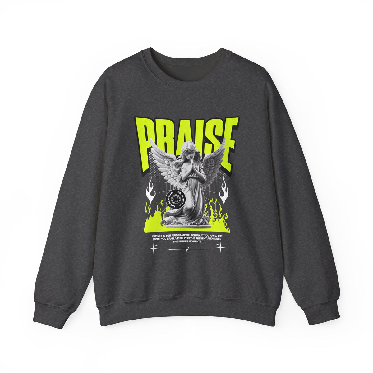 Praise Angel Statue Graphic Unisex Heavy Blend Crewneck Sweatshirt Gothic Spiritual Streetwear Pullover