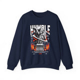 Humble Angel Statue Unisex Heavy Blend Crewneck Sweatshirt Graphic Pullover Streetwear Fire Print Bold Motivational Urban Fashion Outfit