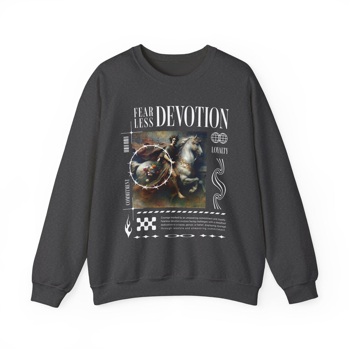 Fearless Devotion Unisex Heavy Blend Crewneck Sweatshirt Courage Loyalty Commitment Graphic Streetwear Pullover