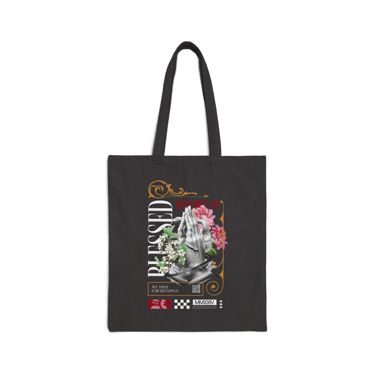 Blessed Praying Hands Floral Christian Cotton Canvas Tote Bag Faith Inspired Religious Reusable Eco Shopping Bag Bold Motivational Carryall