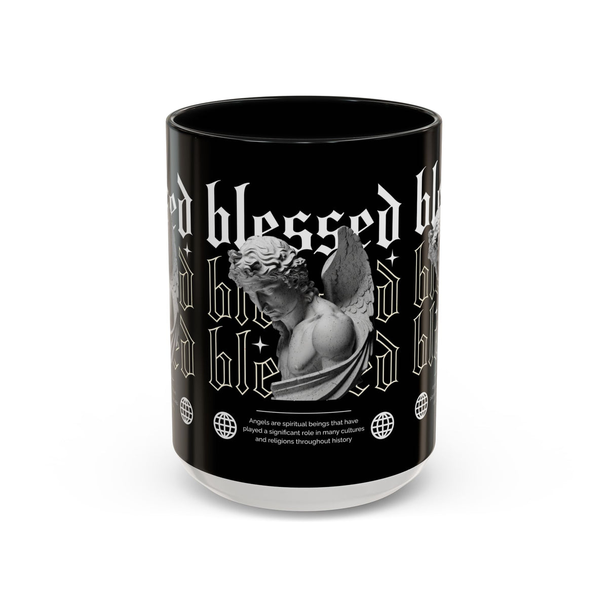 Blessed Angel Statue Graphic Accent Coffee Mug 11oz 15oz Gothic Streetwear Aesthetic Spiritual Artistic Ceramic Drinkware