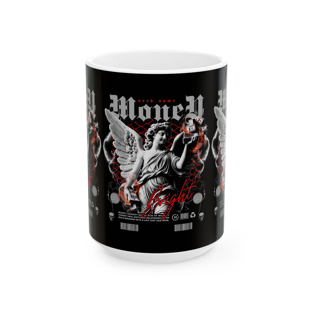 Money Bright Ceramic Mug Angel Statue Graphic Gothic Streetwear Red Neon Aesthetic Coffee Tea Cup Artistic Ambition Design