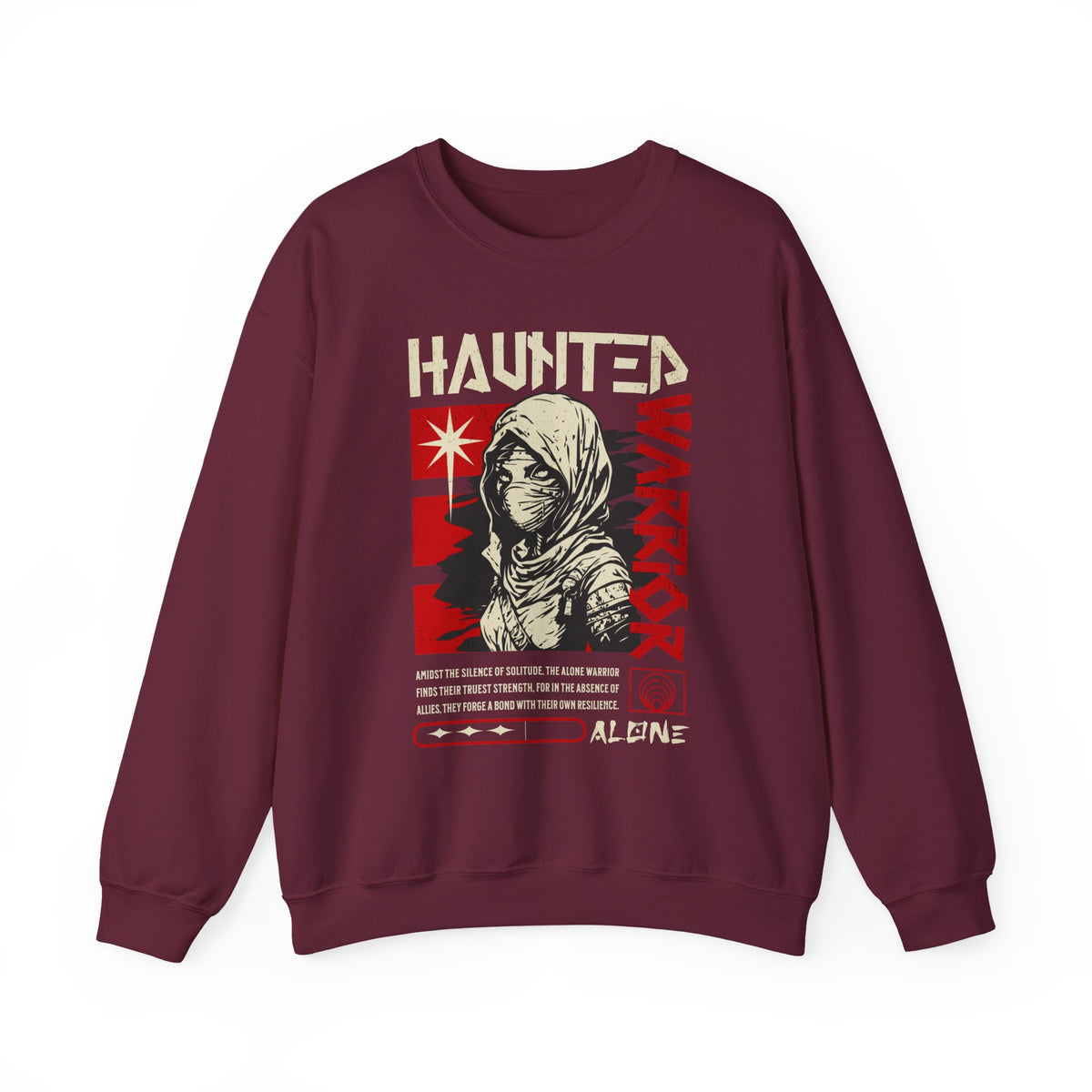 Haunted Warrior Unisex Heavy Blend Crewneck Sweatshirt Graphic Pullover Black Samurai Ninja Fighter Bold Red Streetwear Futuristic Artistic Fashion Outfit
