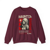Haunted Warrior Unisex Heavy Blend Crewneck Sweatshirt Graphic Pullover Black Samurai Ninja Fighter Bold Red Streetwear Futuristic Artistic Fashion Outfit