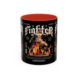 Fighter Accent Coffee Mug 11oz 15oz Black Ceramic Cup with Greek Warrior Statue and Flames Design for Hustlers and Motivated Minds