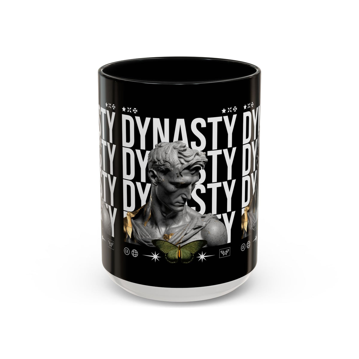 Dynasty Accent Coffee Mug 11oz 15oz Black Ceramic Mug with Roman Statue Bust and Butterfly Artwork for History Lovers and Modern Art Fans